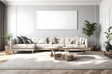 Bask in the simplicity of this 3D-rendered living room, featuring a sleek sofa, an empty wall mockup, and a white blank frame, setting the stage for personalized elegance.