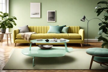 Elegance in simplicity with a seafoam green sofa and a modern coffee table, set against an empty soft yellow wall in a Scandinavian-inspired space.