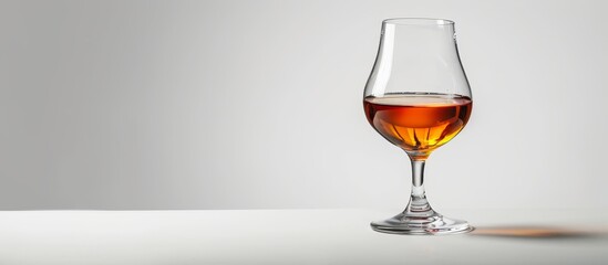 A glass of cognac, an amber-colored alcoholic beverage, is placed on a white table featuring elegant tableware and stemware.