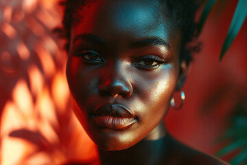 A fashion portrait showcasing a close-up view of an African American woman with dark, striking makeup