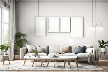 Witness the allure of simplicity in a 3D-rendered living room, featuring Scandinavian aesthetics, an empty wall mockup, and a white blank frame awaiting personalized touches.