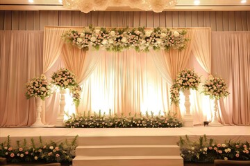 A stage with a curtain that says flowers on it
