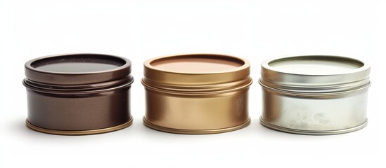 Three metal cans of different colors, resembling fashion accessories or jewellery, are placed side by side on a white surface.