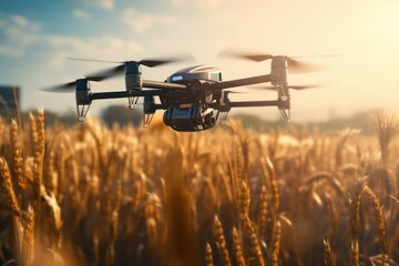 AI powered drone spraying pesticides over wheat crops in farming facility, Artificial intelligence automation in agriculture - obrazy, fototapety, plakaty