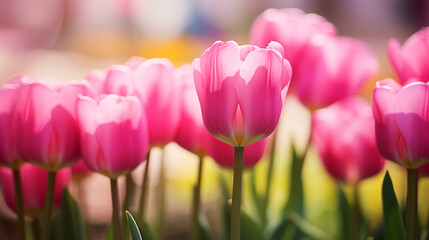 Delicate pink tulips featured prominently with an out-of-focus garden backdrop.