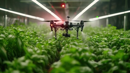 AI powered drone spraying pesticides over crops in indoor vertical farming hydroponics facility, Artificial intelligence automation in agriculture