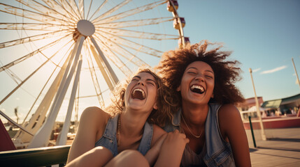Two young women lying on a pier with a bright Ferris wheel in the background, making playful faces and shapes with their hands, embodying joy and carefree spirits