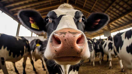 Foto op Plexiglas Curious cow close-up in a barn with herd, agriculture scene © XaMaps