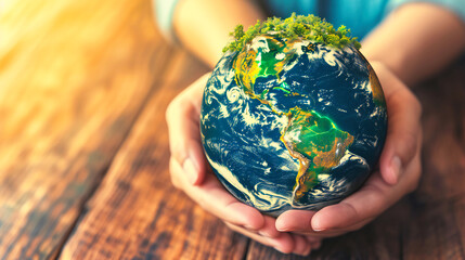 The Earth cradled in human hands against a blue background, emphasizing the importance of global environmental stewardship and conservation