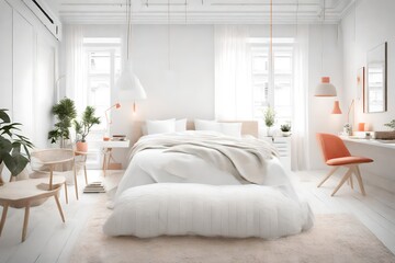 White Scandinavian bedroom with subtle coral elements, featuring a blend of simplicity and warmth.