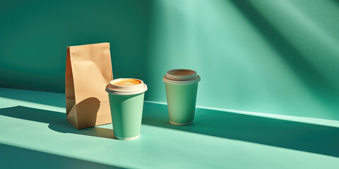 Blank Paper Coffee Cups with craft Bag on flat Background with copy space. Coffee packaging mockup, takeaway or delivery package template.