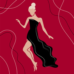 Hand drawn beautiful blonde woman silhouette dancing in a black long dress. Lady in evening cocktail dress. Elegant party, stylish fashion. Card, invitation, beauty. Vector girl illustration isolated