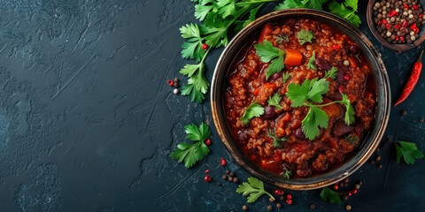 Classic Chili Con Carne in Rustic Bowl. Hearty bowl of chili con carne garnished with fresh parsley, spices and a chili pepper, on dark background.