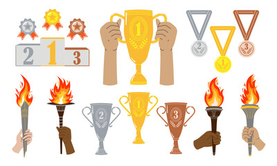 Set of sporting elements. Cup trophy, medals, torches.