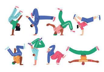 Set with 8 diverse breakdance dancers, performing different moves. Hand drawn vector illustration in flat design, isolated on white background