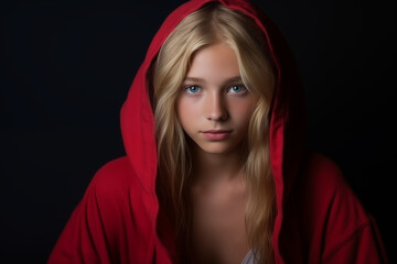 Blonde teen with blue eyes in a red hood, modern Little Red Riding Hood portrait.