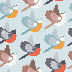 Seamless pattern with cute chubby local birds, flying and chirping. Hand drawn vector illustration