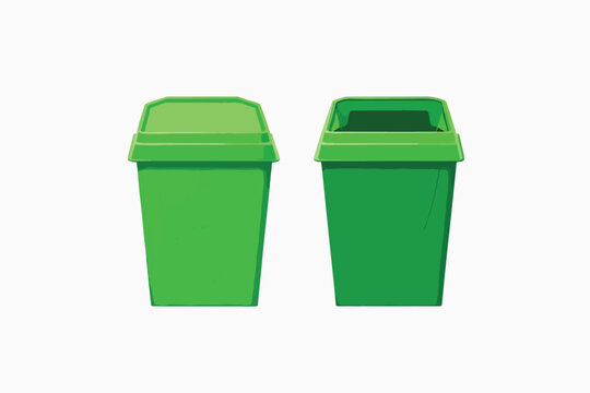 Different colored trash bins for collecting various type of garbage isolated on white background.