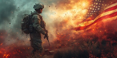 Soldier in Camo Standing in Front of a Burning Flag Generative AI - obrazy, fototapety, plakaty