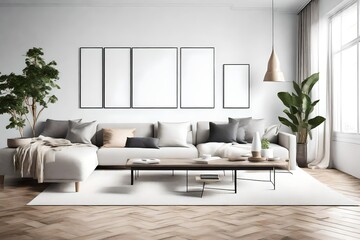 Step into a world of understated elegance with a minimalist living room, highlighted by Scandinavian design, an empty wall mockup, and a white blank frame for customization.