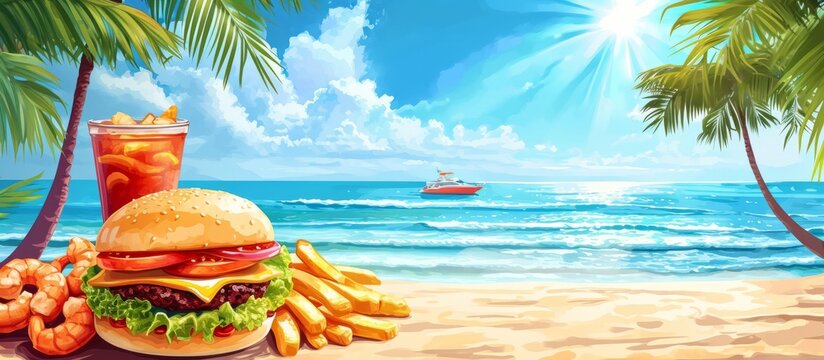 Tropical beach background with prawn burger, fries, and palm trees on the table.