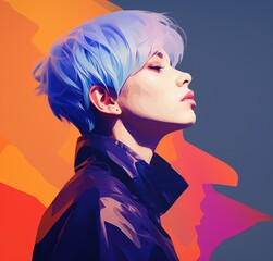 drawing portrait of a girl with short hair against colorful background