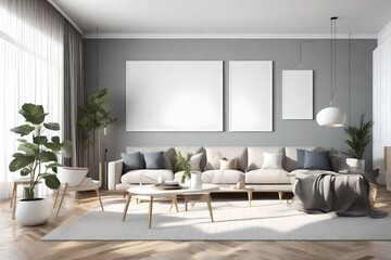 Experience the harmony of contemporary living in a 3D-rendered room, featuring Scandinavian style, an empty wall mockup, and a white blank frame as a focal point.