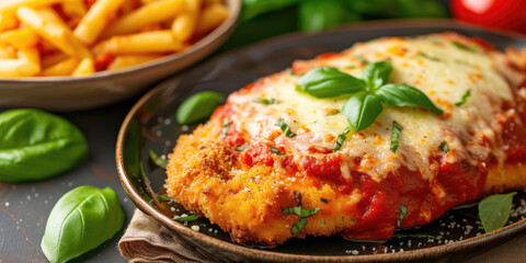 Herb-Garnished Chicken Parmesan in Tomato Sauce. Sumptuous Chicken Parmesan topped with melted cheese and fresh basil, chopped herbs.