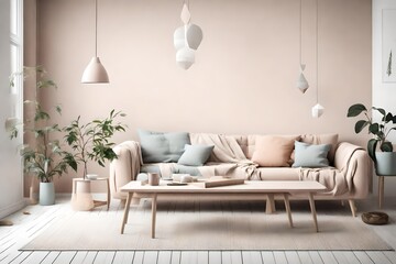 A serene Scandinavian living room with a simple sofa and coffee table, adorned in pastel hues, featuring an empty wall mock-up in minimalist style.