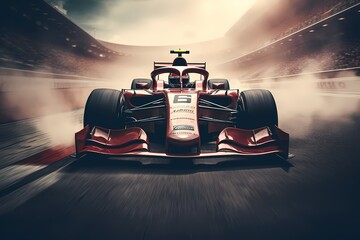 Frontal view of a racing car approaching the camera with a powerful and aggressive stance, dominating the race circuit - obrazy, fototapety, plakaty