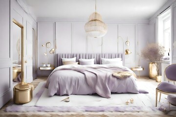 Fototapeta na wymiar White Scandinavian bedroom with soft lavender and gold accents, creating a dreamy and sophisticated retreat.