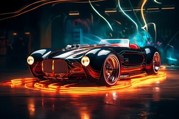 Futuristic neon-inspired artwork featuring a vintage Roadster Oldtimer immersed in intense,...