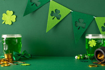 Leprechaun day motif: side view photo of beer vessels, shamrock plants, gold currency, pot of...