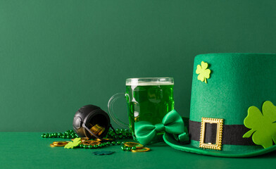 St. Patrick's Day wide-angle snapshot: side view beer mug, green shamrocks, golden coins, enchanted pot, leprechaun hat, bow tie, and green beads sprawled across a verdant backdrop - Powered by Adobe