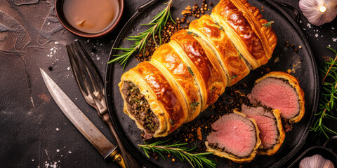 Traditional Beef Wellington on table background. Elegantly prepared Beef Wellington with a golden pastry crust with gravy, herbs, copy space. - obrazy, fototapety, plakaty