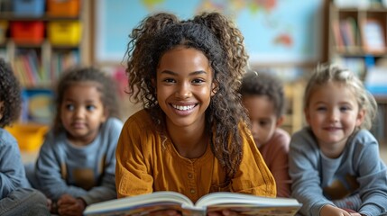 Smiling Girl with Pigtails Reading a Book in a Classroom Generative AI