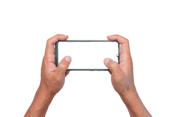 Men hand holding a blank smartphone display by two hands. for game playing.website searching online...
