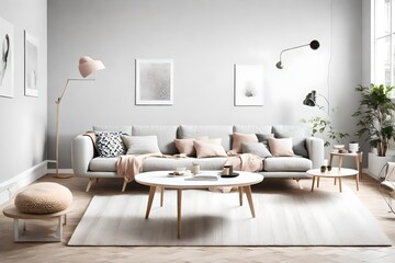 Fototapeta na wymiar Transport yourself to a minimalist Scandinavian oasis, highlighting a stylish sofa and coffee table combination, a soothing pastel color scheme, and an empty wall 