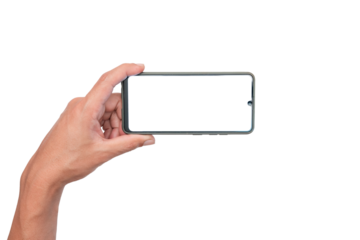 Men's hand holding a blank smartphone display in one hand. game playing. Take a photography. website searching online shopping and entertainment.