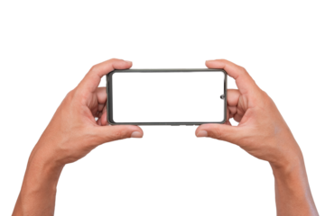 Men hand holding a blank smartphone display by two hands. game playing.take a photography. website searching online shopping and entertainment.