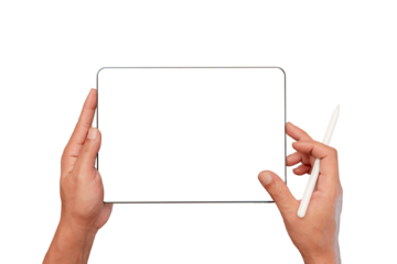 Man's hand with a blank screen digital tablet and pen. drawing activity. writing script. website searching and learning education.