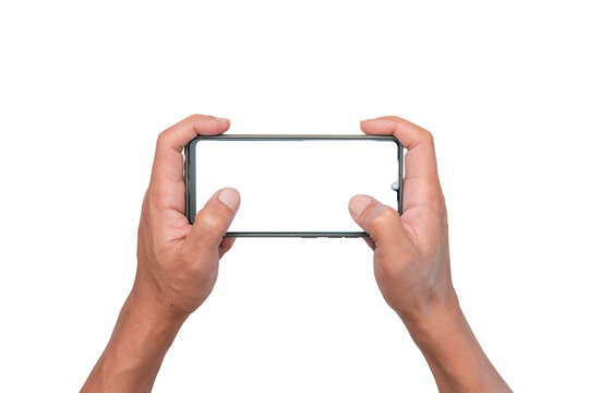 Men hand holding a blank smartphone display by two hands. for game playing.website searching online shopping and entertainment. isolate image for additional user interface.
