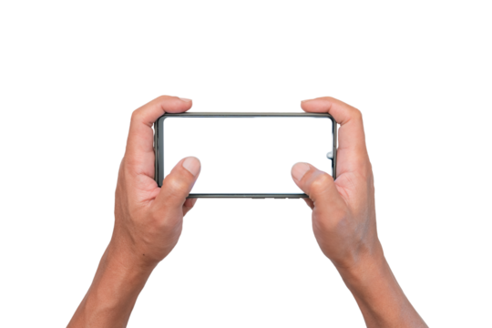 Men hand holding a blank smartphone display by two hands. for game playing.website searching online shopping and entertainment. isolate image for additional user interface.