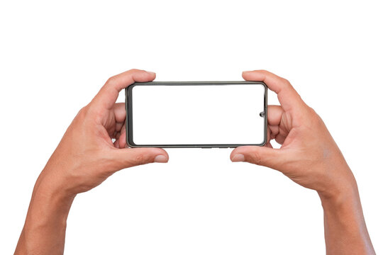 Men hand holding a blank smartphone display by two hands. game playing.take a photography. website searching online shopping and entertainment.