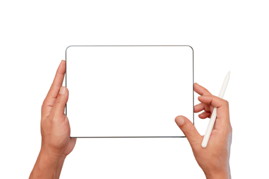 Man's hand with a blank screen digital tablet and pen. drawing activity. writing script. website searching and learning education.