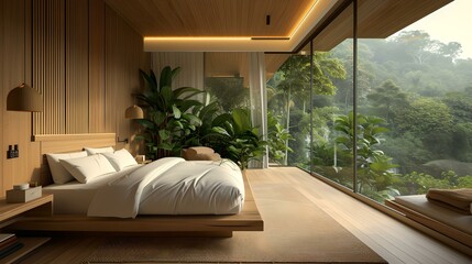 Modern minimalist bedroom overlooking tropical forest. cozy interior design with nature view. serene and stylish sleep space. ideal for home decor inspiration. AI