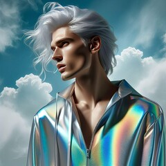 Long white hair slim male boy model artist clouds background wearing Iridescent holographic makeup clothes jacket photoshot concept studio body paint hot handsome body men fashion brand commerical art