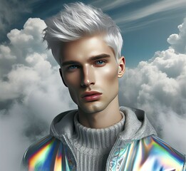 short white hair slim male boy model artist cloud background wearing Iridescent holographic makeup clothes jacket photoshot concept studio body paint hot handsome body men fashion brand commerical art