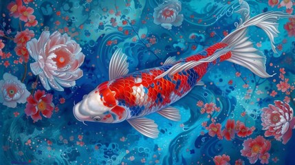 Japanese Koi fish art. Decorative Asian fish in a pond or river. 