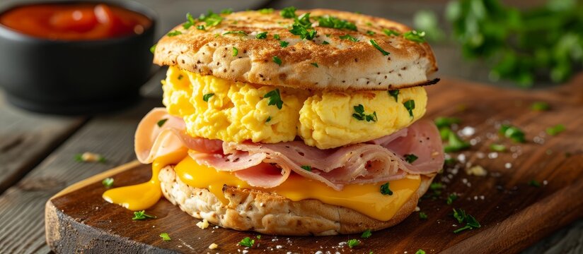 Breakfast sandwich with English muffin, scrambled egg, ham, and cheese, placed on a cutting board.